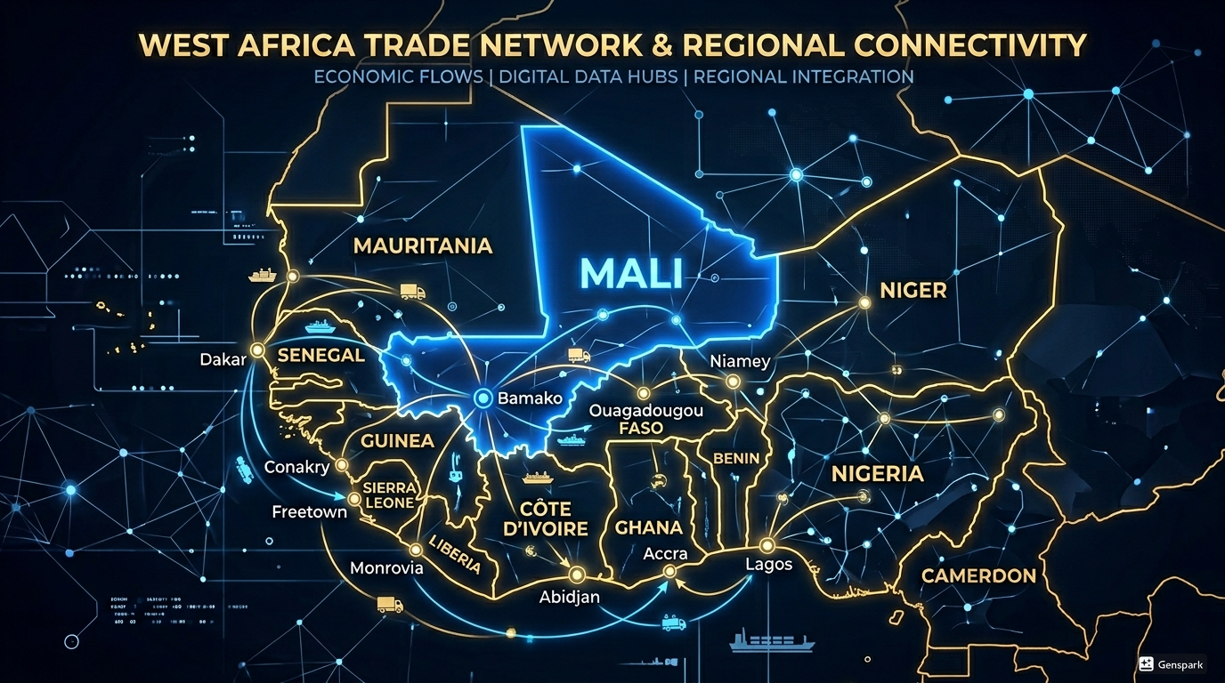 Carte connectivité commerciale Afrique de l'Ouest avec le Mali en hub régional