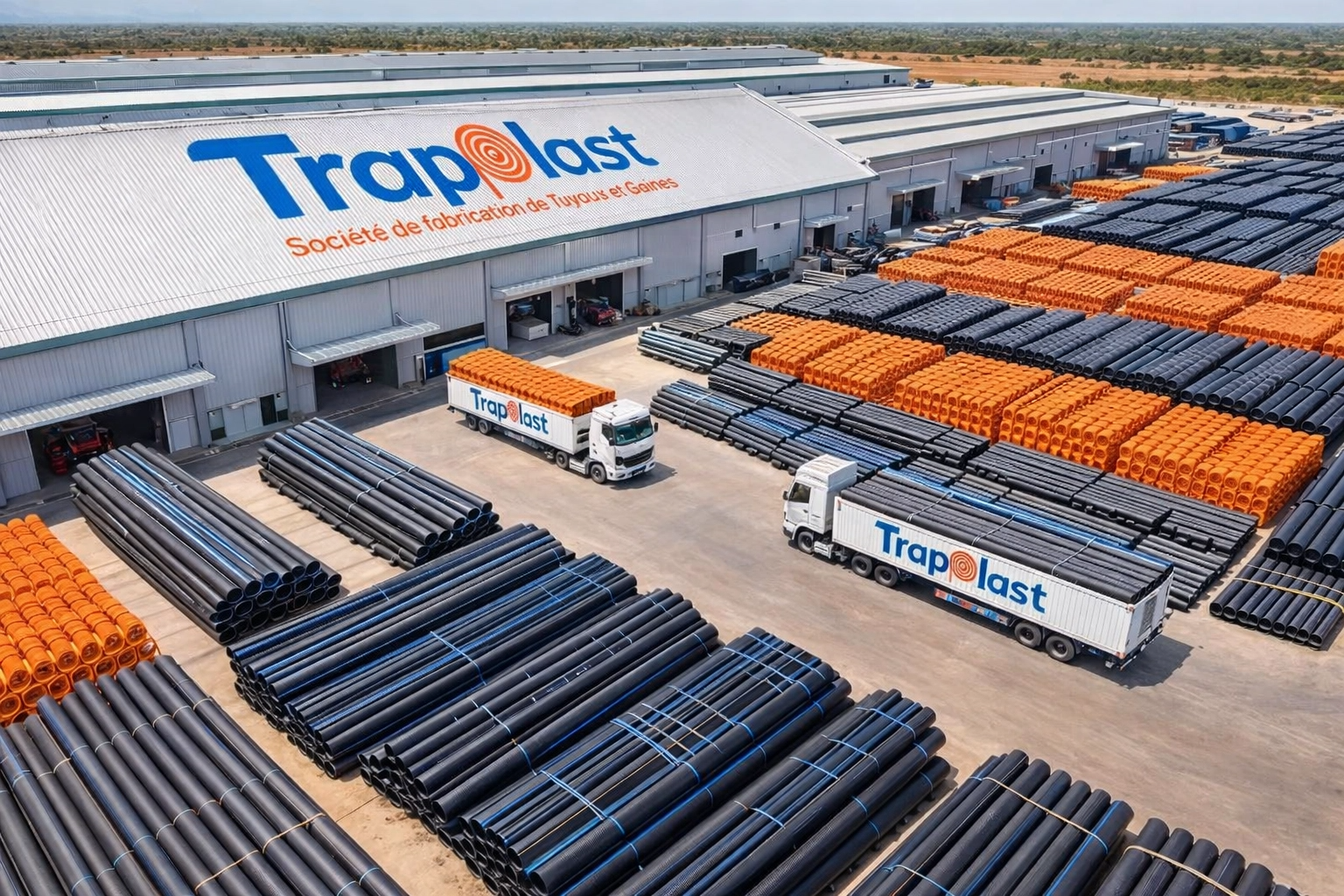 Vue aerienne du site industriel TRAPLAST et de son environnement de production